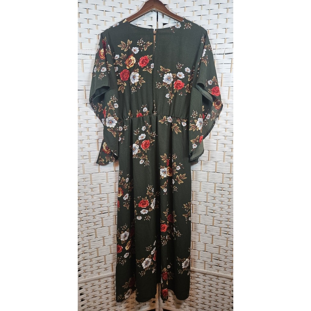 Simplee Womens Green Floral Dress Sz L Bloomcore Cottagecore Boho Missing Belt - Picture 6 of 11
